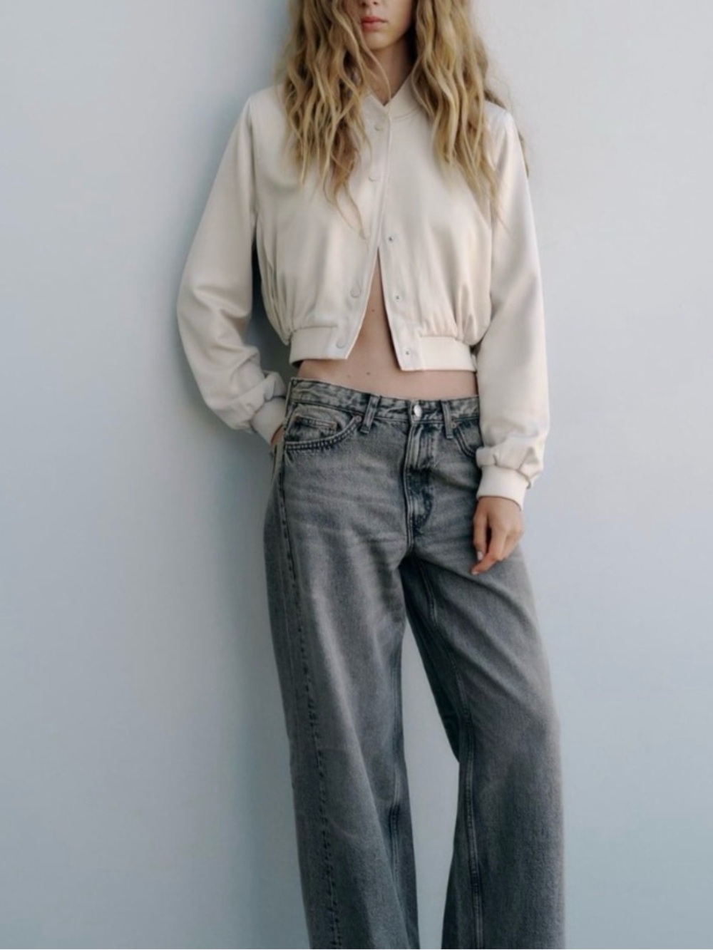 Zara Light Satin Effect Cream Bomber Jacket NWT